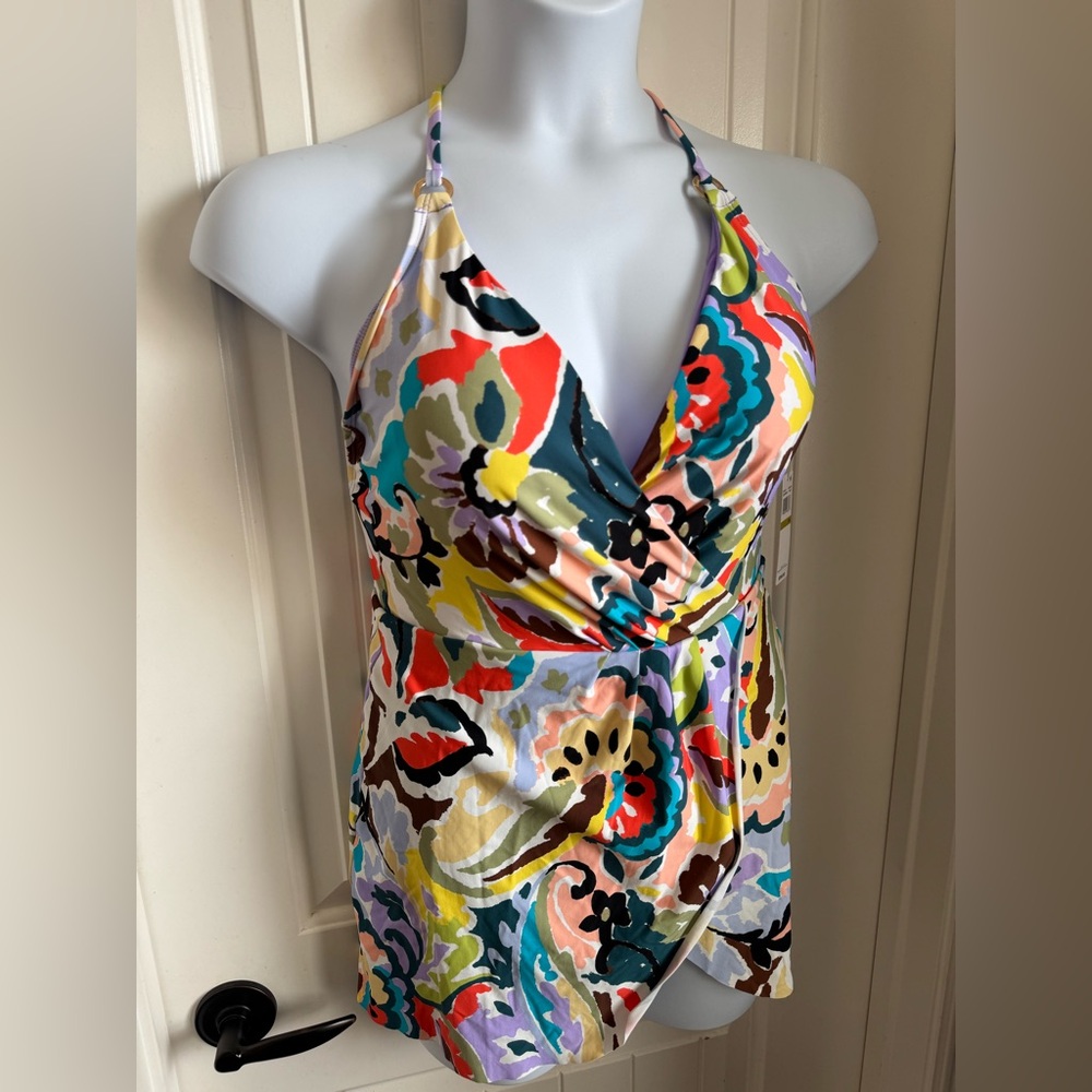 NWT Anne Cole Multicolor Anne Surplice Maillot Swim Dress, size 14 runs small - Picture 4 of 8
